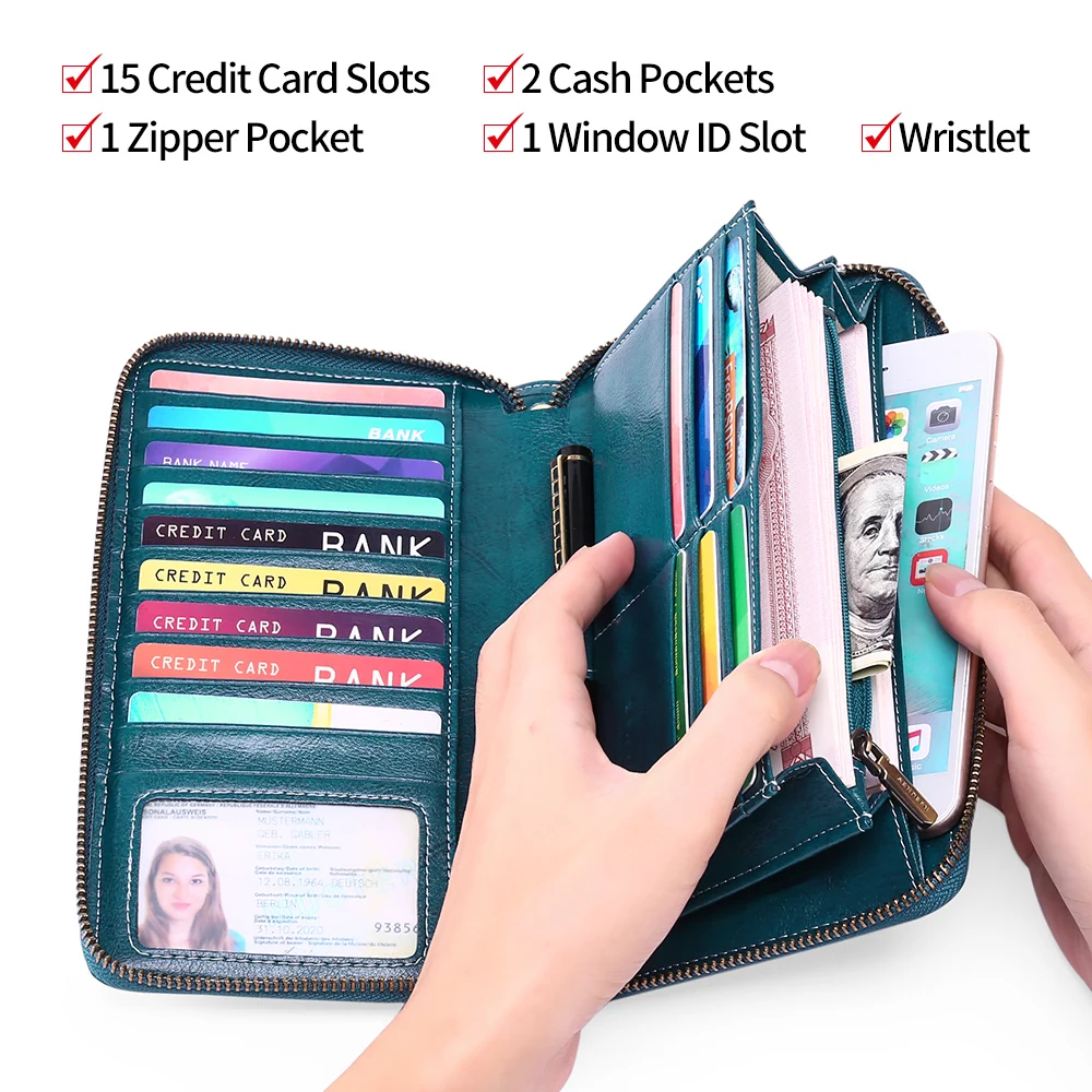 Portefeuille long grande capacité pour femme, porte-monnaie avec fermeture éclair, poche pour téléphone, porte-cartes RFID, sac à main pour femme, mode