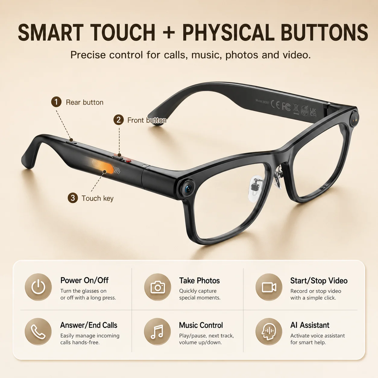 M08T AI Smart Glasses 8MP Camera Bluetooth 5.4 Real-Time Translation Touch Control 3 Lens Options 300mAh