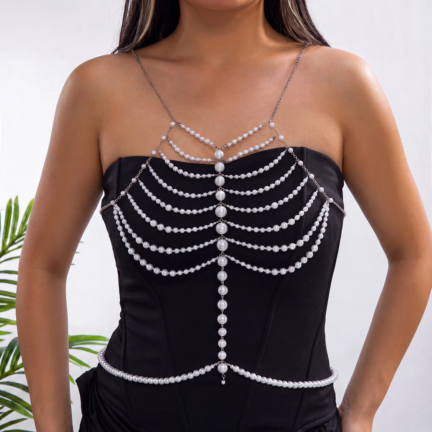 Elegante Imitationsperlen-Körperkette für Damen, schlichte, temperamentvolle, mehrlagige Quasten-Brustkette, Charms, Party-Schmuck, Geschenke – Detail 4