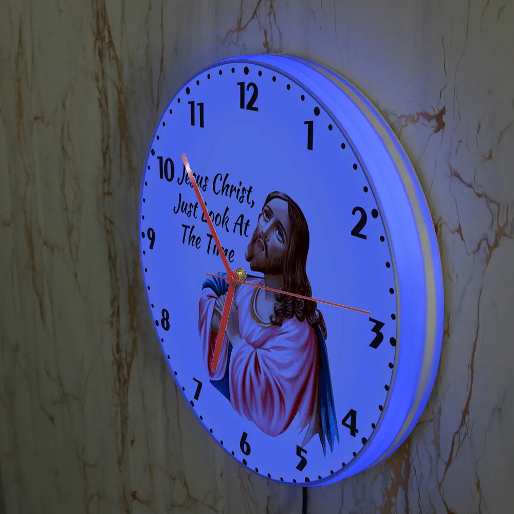 Jesus Christ Just Look At The Time Print Wall Clock With LED Backlight Church Decor Christianity LED Neon Light Sign Wall Watch