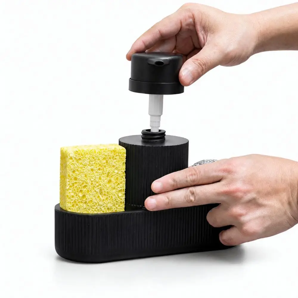 Kitchen Countertop Soap Dispenser With Sponge Drain Rack Black Resin Dishwashing Liquid Pump Bottle Organizer Storage Set