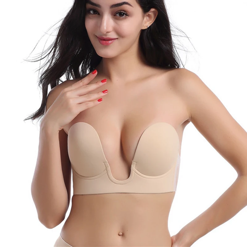 Strapless Bras Invisible Push Up Bra Silicone Brassiere Deep U Underwear Dress Wedding Party Sticky Self-adhesive Nipple Covers