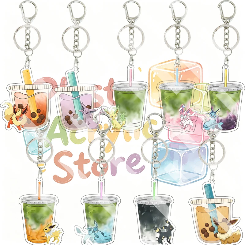 Anime Cartoon Eevee Tea Cup Acrylic Keychain Flareon Espeon Leafeon Sylveon Vaporeon Jolteon Double-sided Print Backpack Pendant