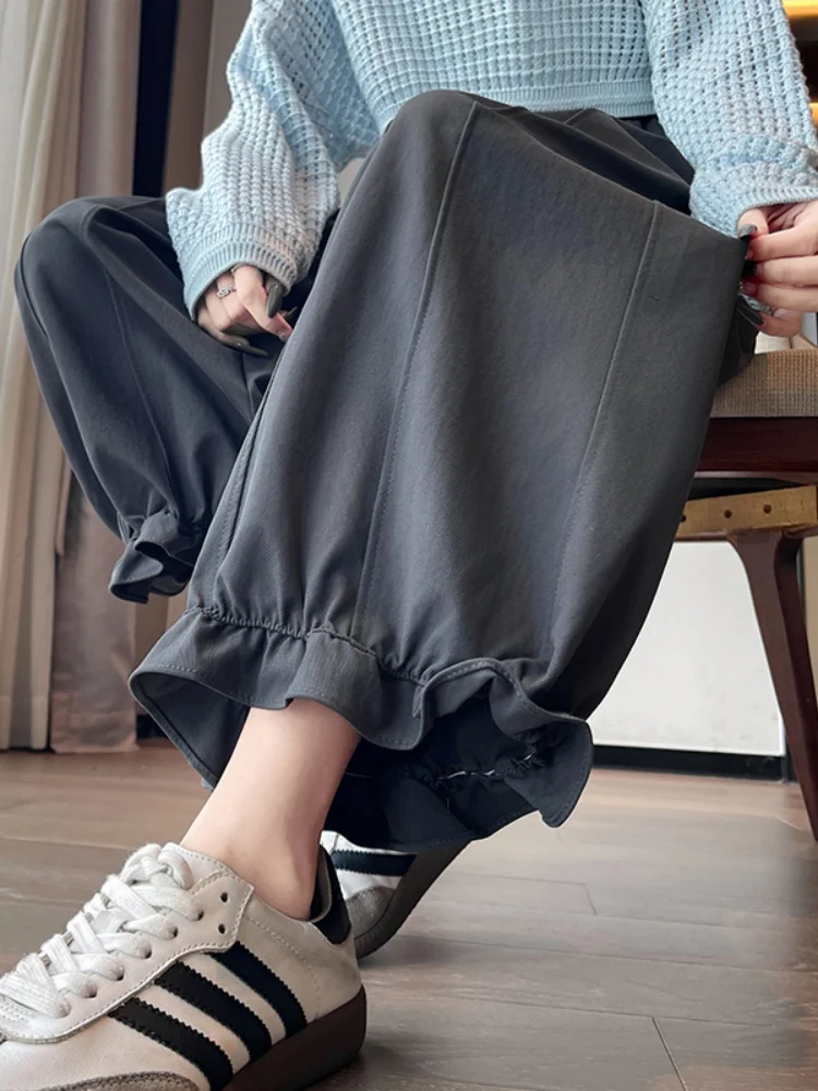 키 큰 여성용 하이웨이스트 카고 팬츠 한국 스타일 순색 랜턴 플라워 팬츠 통근용 바지