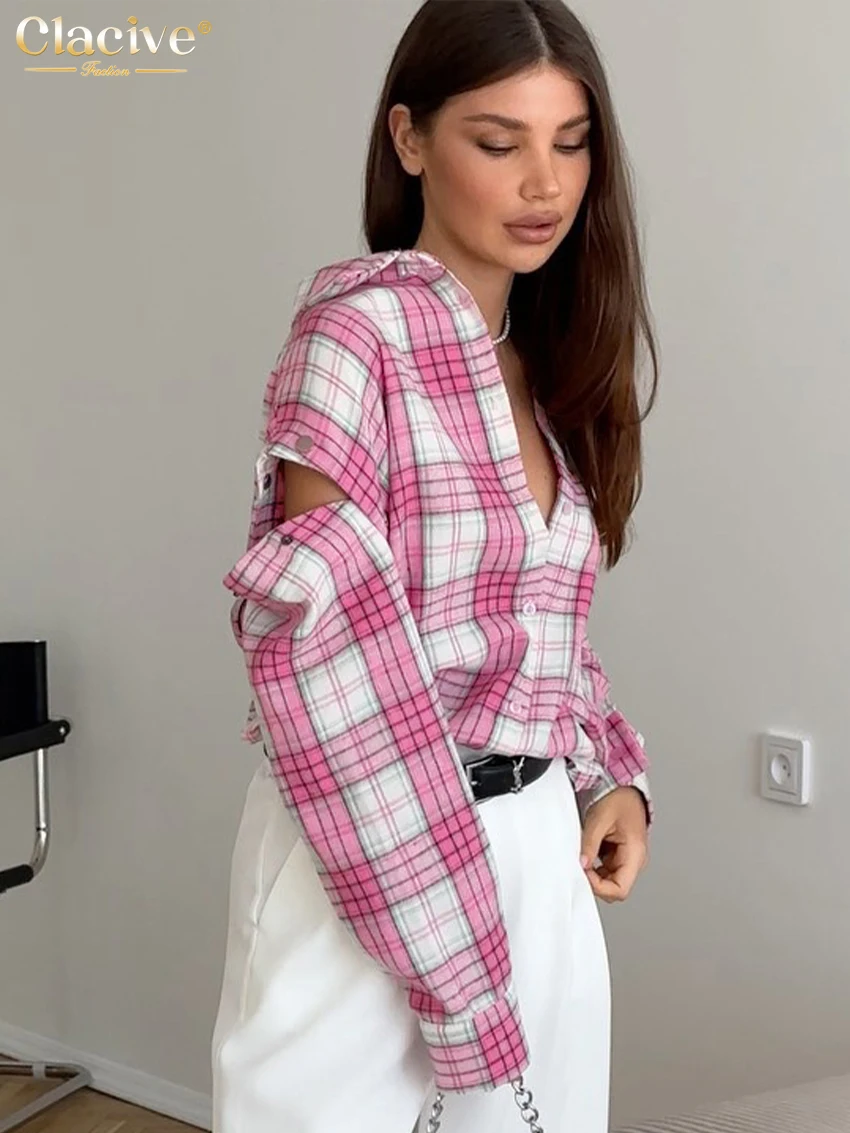 Clacive Fashion Loose Plaid Office Women\'s Shirt Vintage Lapel Long Sleeve Shirts Elegant Classic Blouse Top Female Clothing