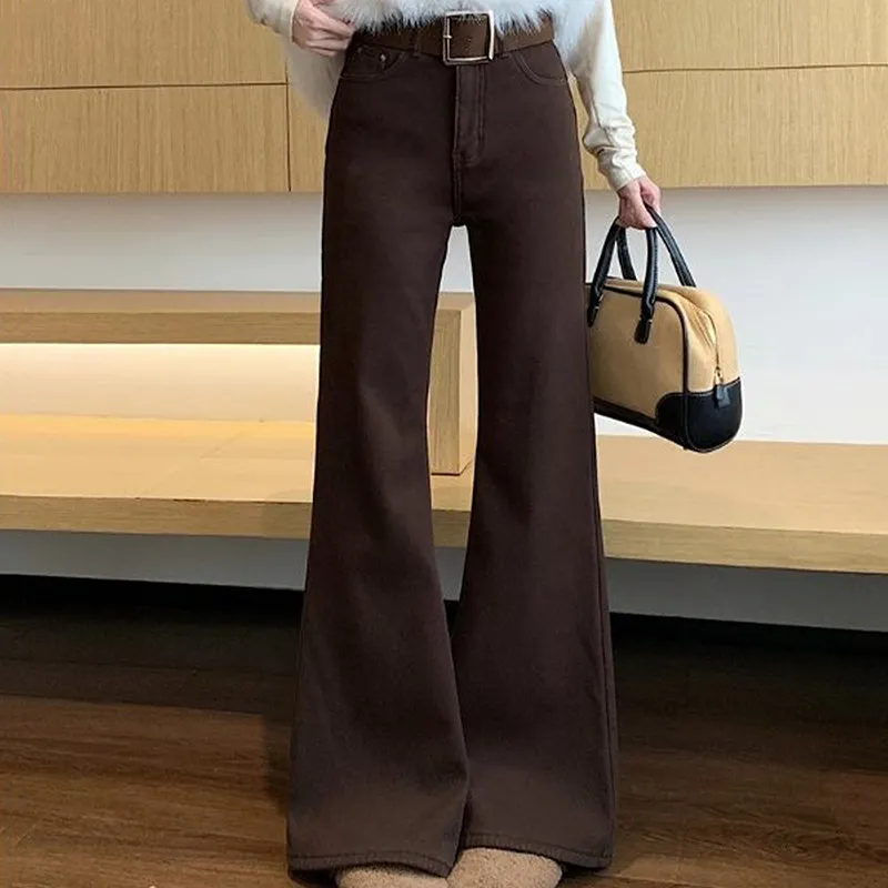 American Style High Waist Bell Bottom Denim Jeans Women's Coffee Color Slimming Drapey Floor Length  Hoof Pants