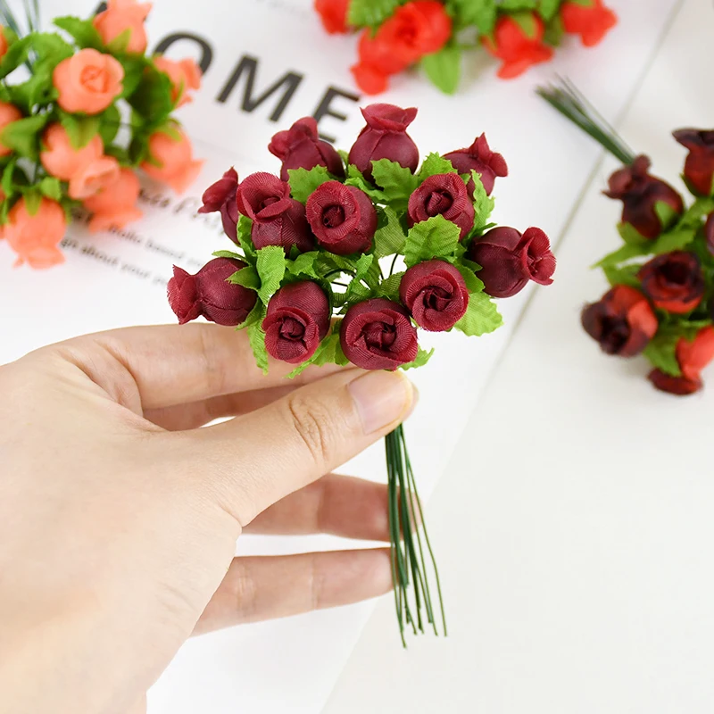 72/144pcs 2cm Artificial Flower Mini Silk Rose Flower Bouquet Wedding Decoration DIY Scrapbook Wreath Gift Box Craft Fake Flower