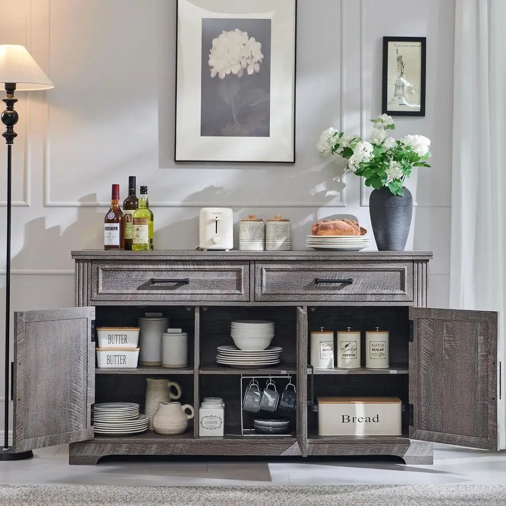 خزانة بوفيه باللون الرمادي الداكن مقاس 55 بوصة مع 3 أبواب ودرجين لتخزين الطعام أو غرفة المعيشة