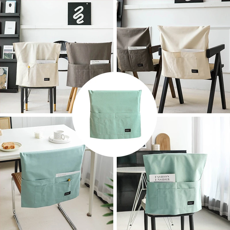 Multi Pocket Dining Chair Backrest Cover Cotton Dining Room Anti-dust Armchair Cover Chair Back Cover With Storage Pocket