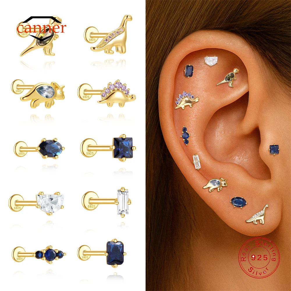 

CANNER 1PC 925 Sterling Silver Funny Colored Dinosaur Piercing Ear Bone Nail For Women Blue Geometric Zircon Aretes Para Mujer