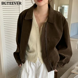 BGTEEVER Casual Lapel Full Sleeve Loose Pockets Female Solid Jackets Vintage Long Sleeve Pockets Women Zipper Up Basic Coats