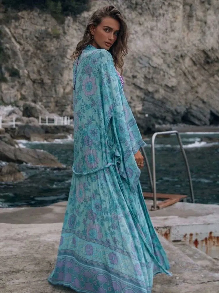 Bohemian Printed Self Belted Loose Summer Beach Tunic Plus Size Long Kimono 2022 Women Street Wear Casual Maxi Dress A165