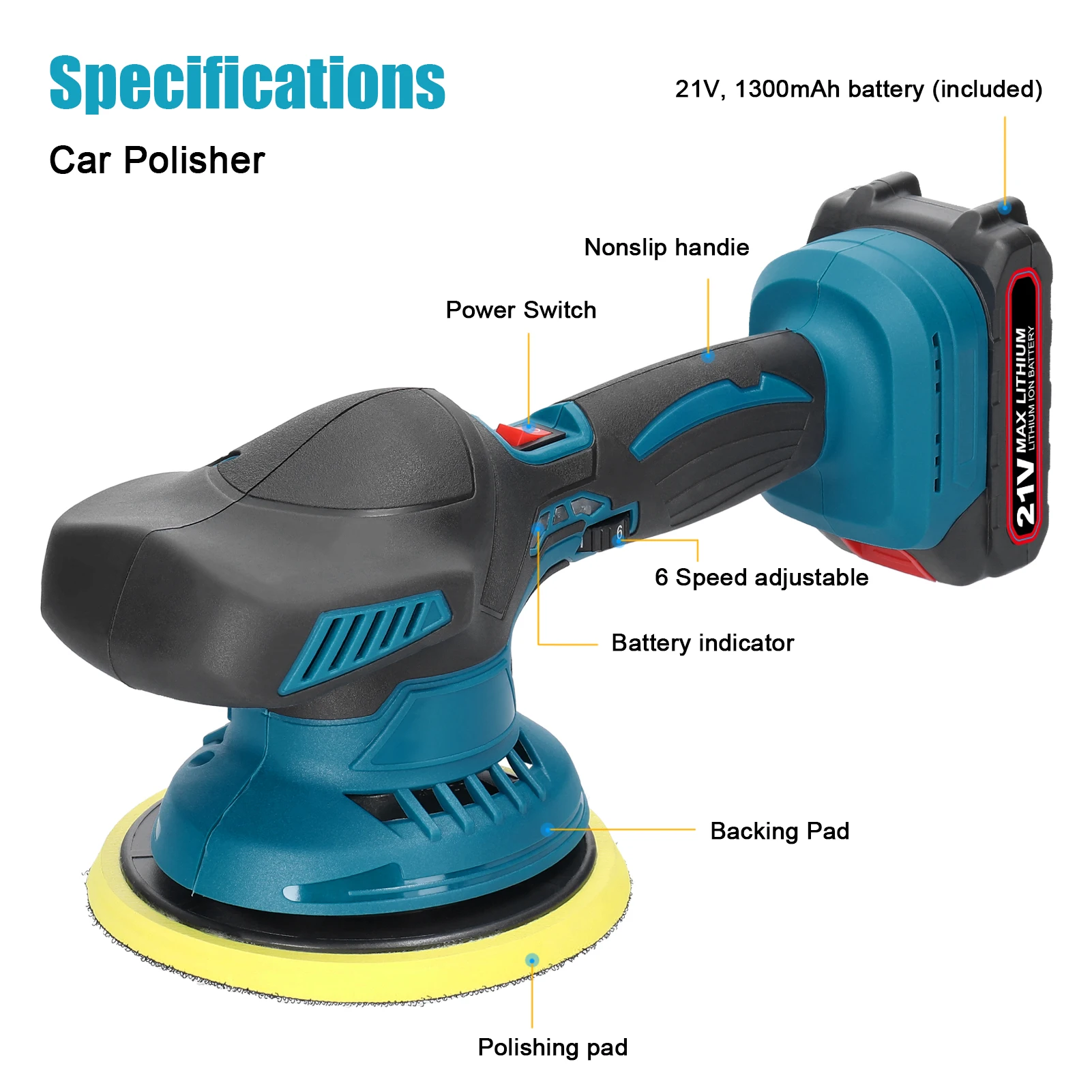 Cordless Car Polisher 6 Gears Electric Auto Polishing Machine Home Cleaning Metal Waxing Wood Sanding Rust Removal Machine