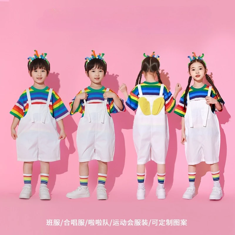 Rainbow Striped T-shirt with wing Overalls Child Performance Pantsuit for Kindergarten&Primary School Six-One Outfit Kids' Day