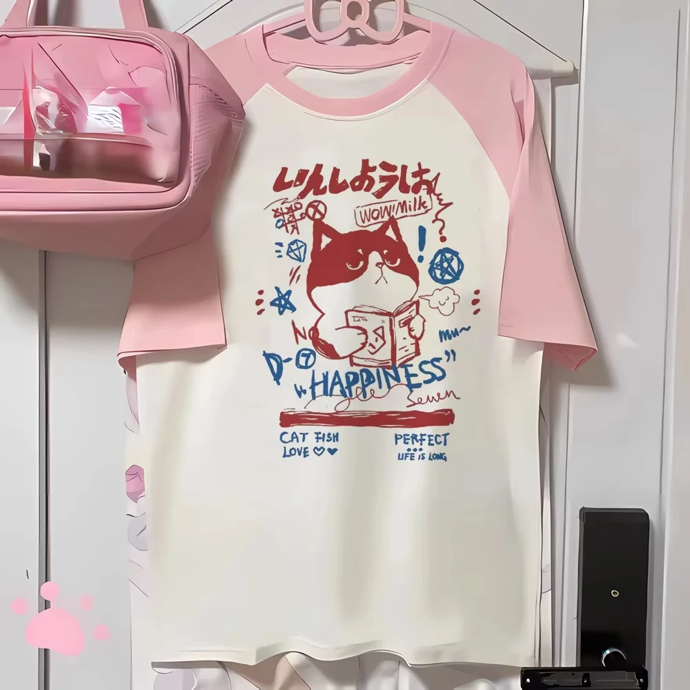 Japanische süße Cartoon-Stil Y2k Ästhetik Harajuku Anime Cartoon Katze Print Damen Kawaii Kurzarm T-Shirt Streetwear