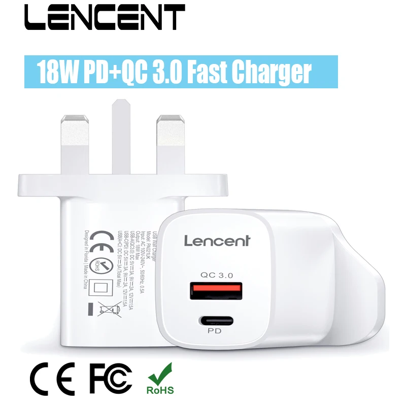 LENCENT PD 18W USB Charger Quick Charge QC 3.0  UK Plug Phone Wall Charger Adapter For iPhone 12-8 Series iPad Pro Galaxy Huawei