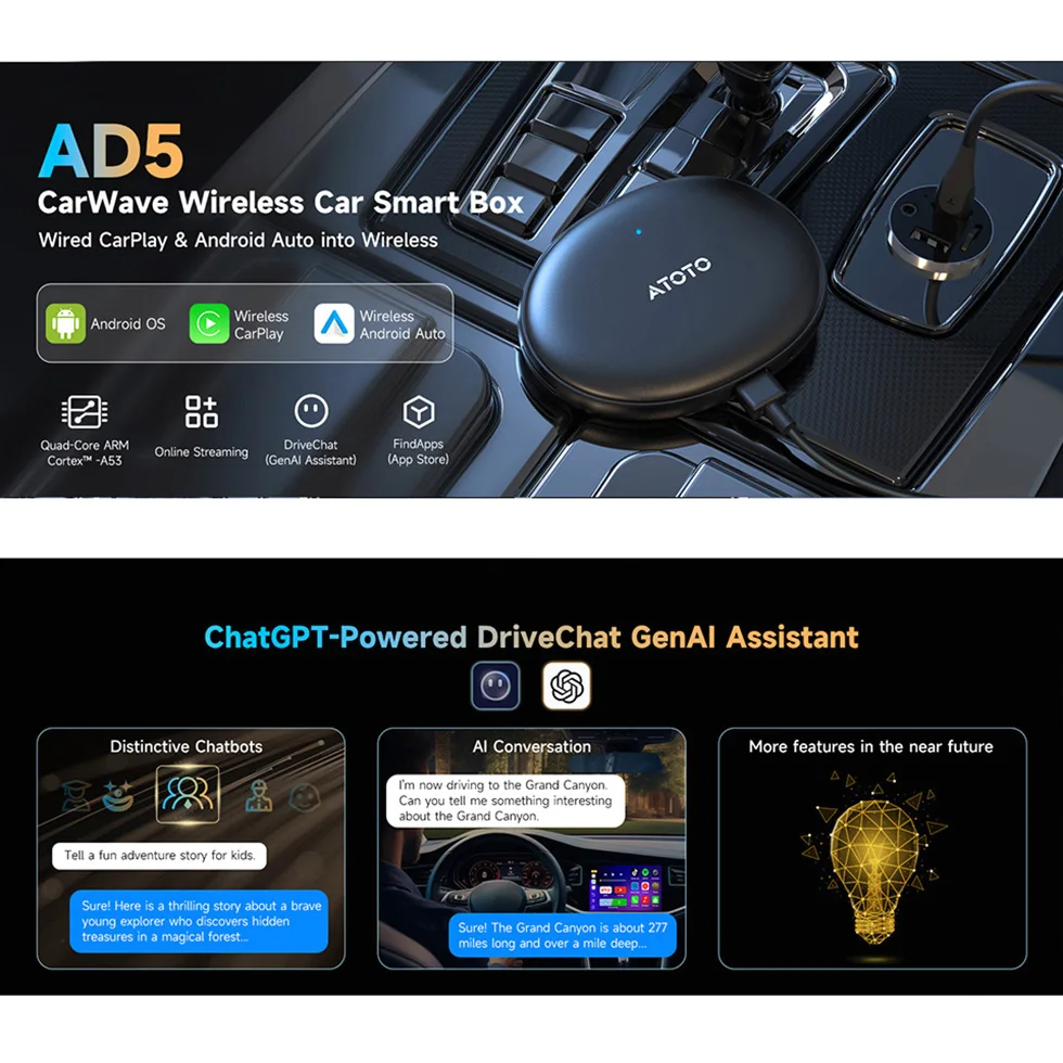 Atoto carro inteligente android auto sem fio carplay adaptador