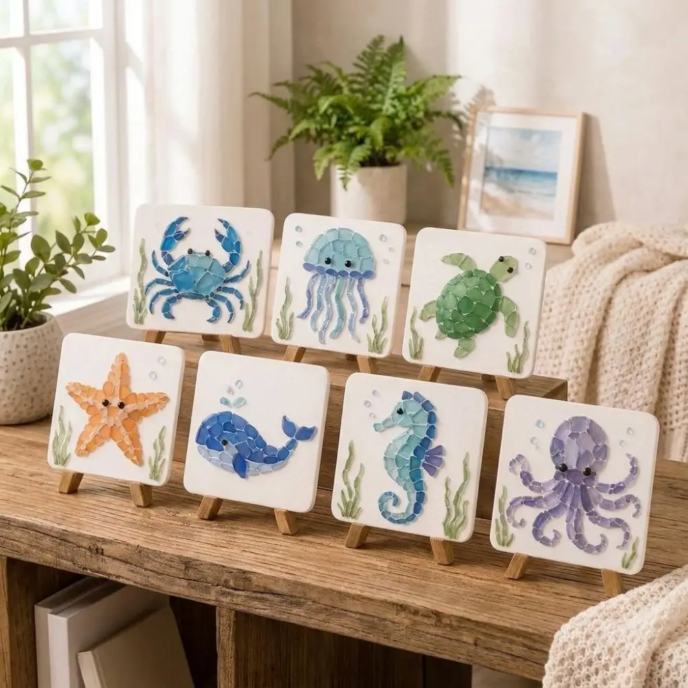 Colorful Glass Pieces Ocean DIY Sea Glass Art Kit Sea Creature Fun Educational Glass Mosaic Craft Set Wooden‑Easel Unique