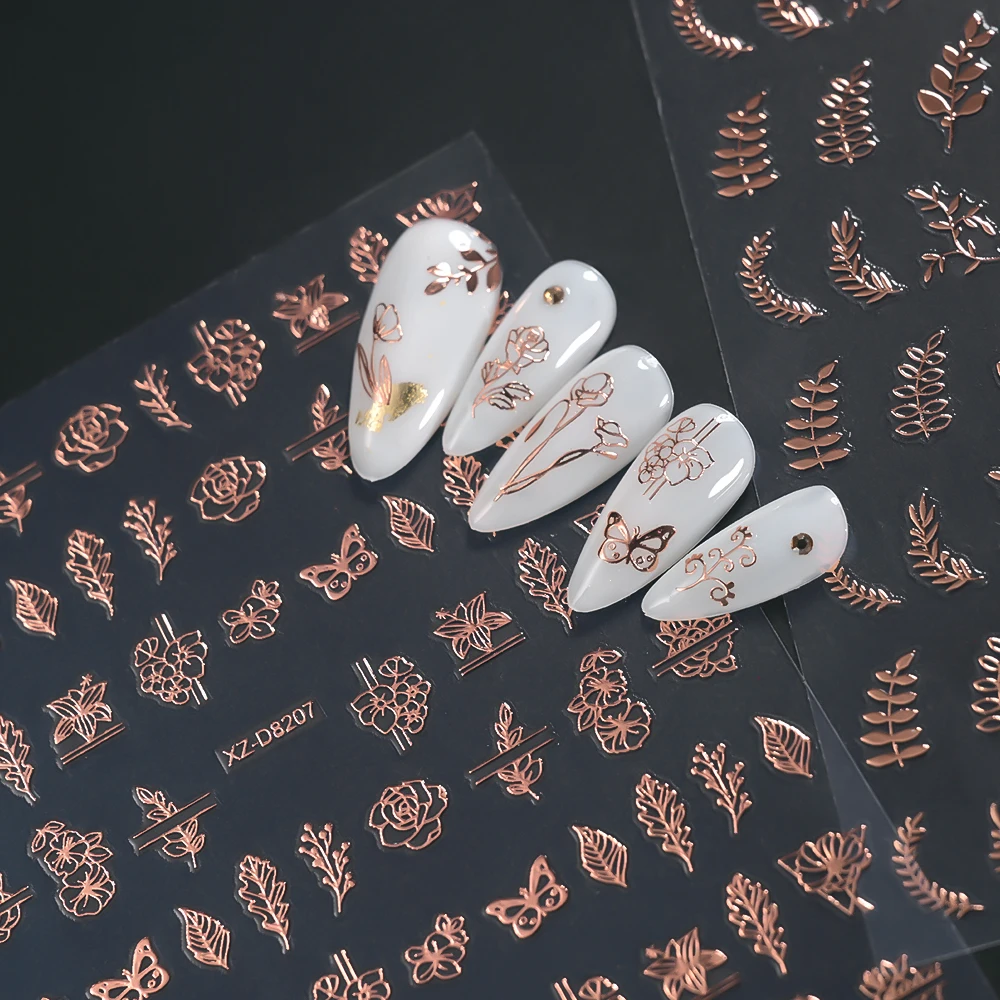 12 Uds. De pegatinas 3D de hojas de oro rosa para decoración de uñas, deslizadores autoadhesivos de hojas florales metálicas, calcomanías para manicura de mariposas y flores bronceadoras