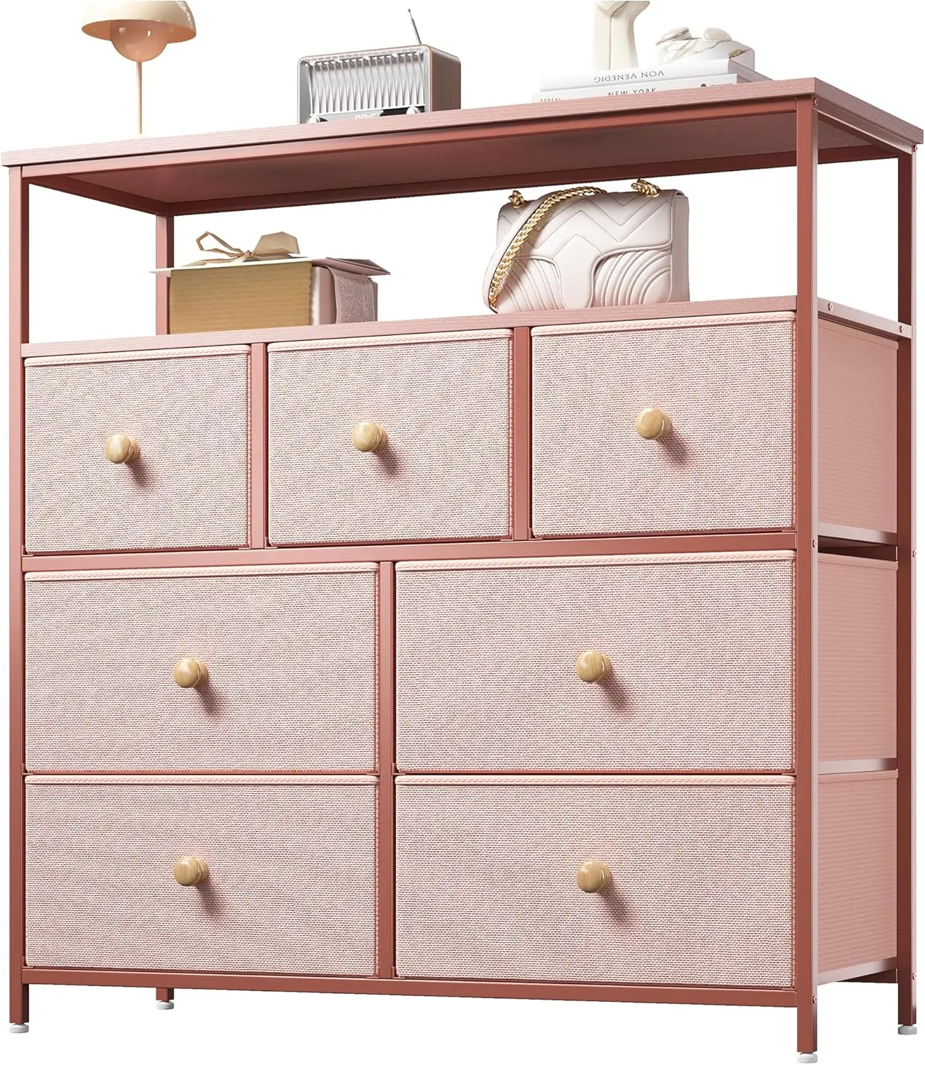 

Dresser for Bedroom with 7 Drawers and 2 Shelves, TV Stand Dresser for Closet with Wooden Top and Metal Frame