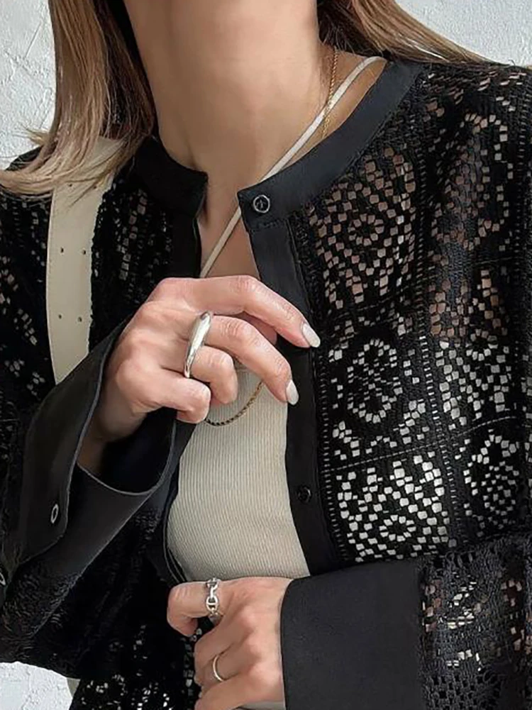 

New Autumn Long Sleeved Single Breasted Cardigan Casual Lace Up Side Split Blouses Ladies O-neck Lace Hollow Out Club Party Top