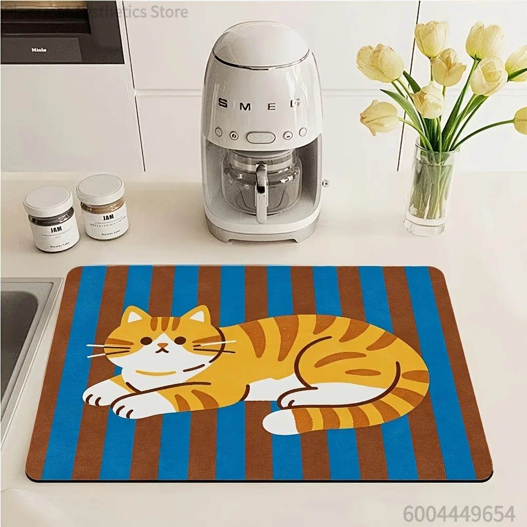 Cute Animal Floral Print Super Absorbent Drying Mat Waterproof Kitchen Counter Coffee Maker Drain Pad Decor Table Placemat