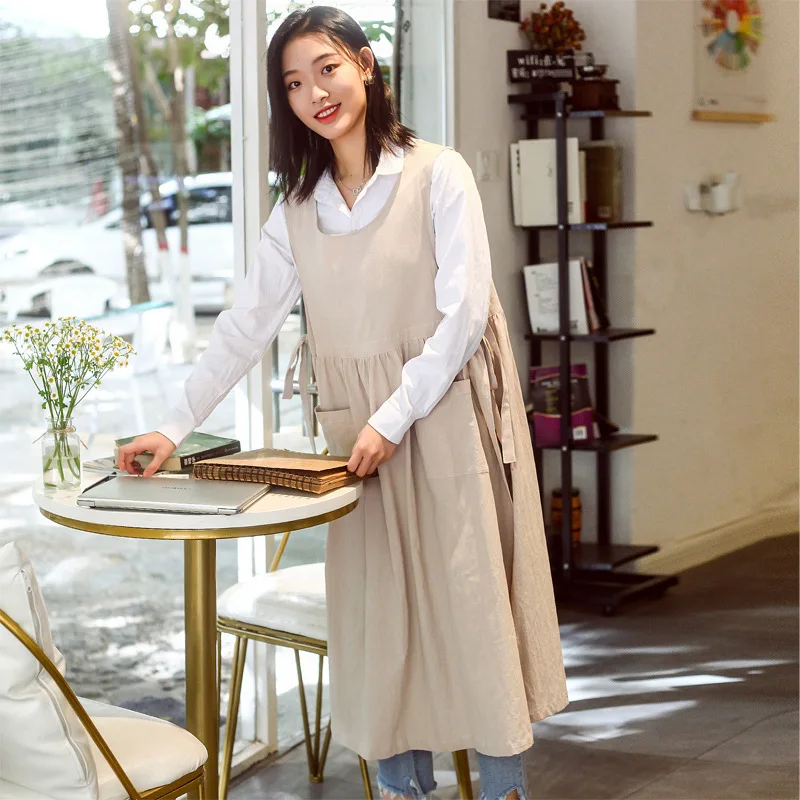 

Cotton Linen Side Open Aprons for Women with Pockets Cute Apron Dress for Gardening Painting Baking Cooking Pinafore H1