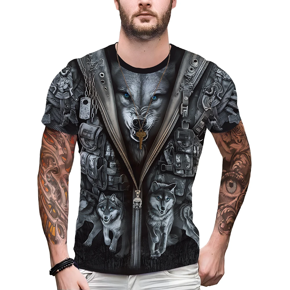 Leather Picture Printed Crew Neck Vintage Biker Jacket Tops Denim Jacket Wolf T-shirt 2024 Summer Short Sleeve Men's T-shirt