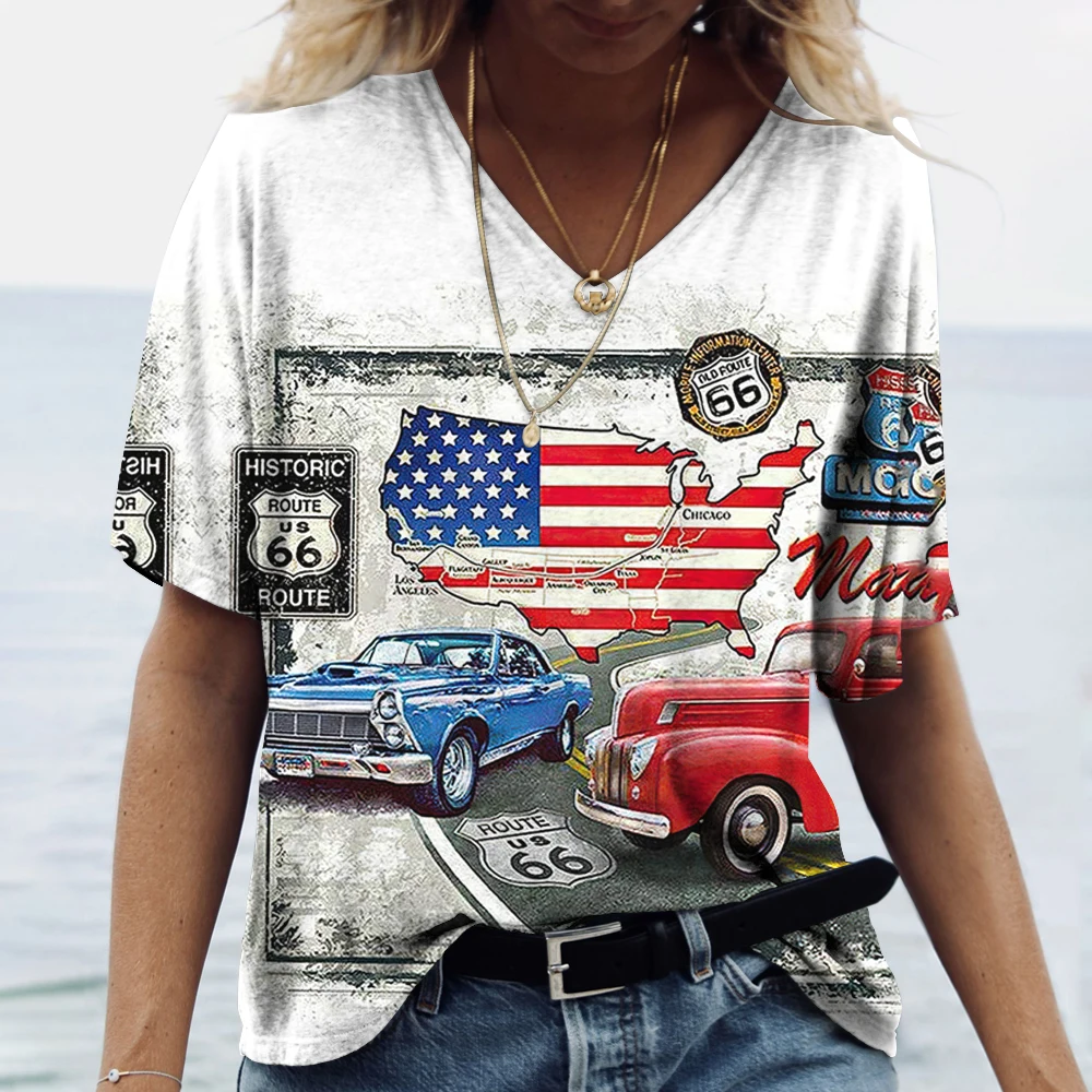 Hot US Route 66 Pattern 3D Print Women\'s V-Neck T-shirts Casual Lady Short Sleeve Oversized Pullover Fashion Tops Women Clothes