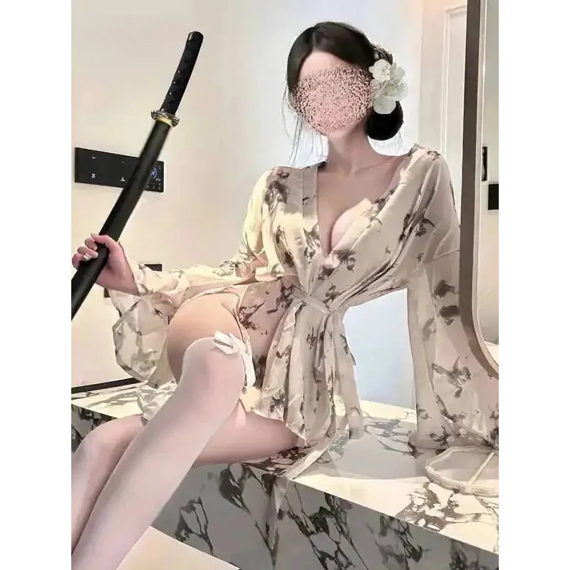 섹시하고 매력적인 여성용 리본 프린트 시스루 딥 V 기모노 나이트가운 슬립웨어 드레스 우아한 패션 섹시 여성 미니 드레스