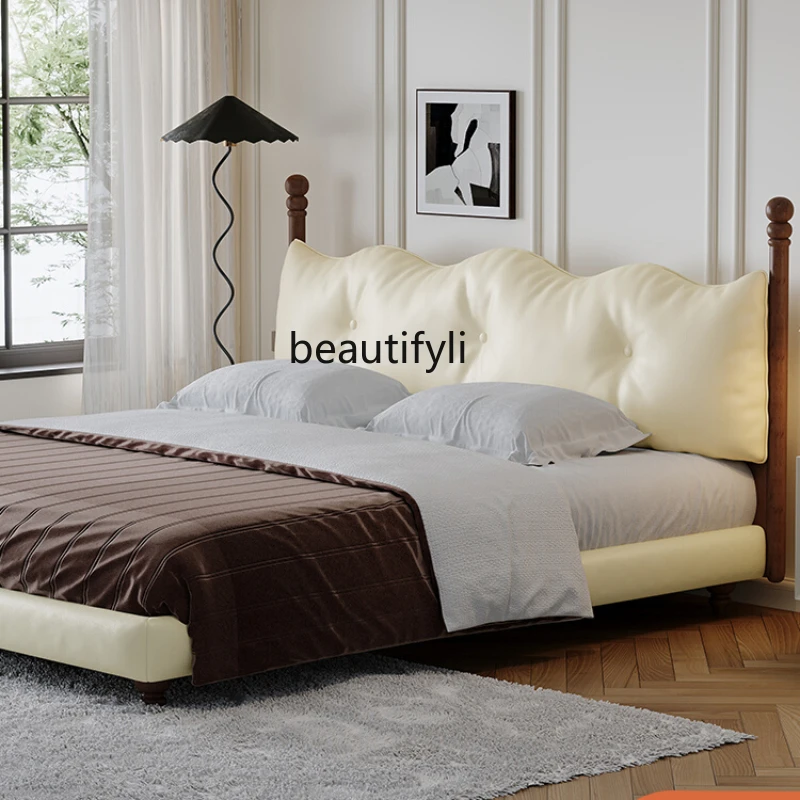 

Italian Retro Leather Bed High Box Storage Double Bed Master Bedroom Wave Soft Bag Marriage Bed