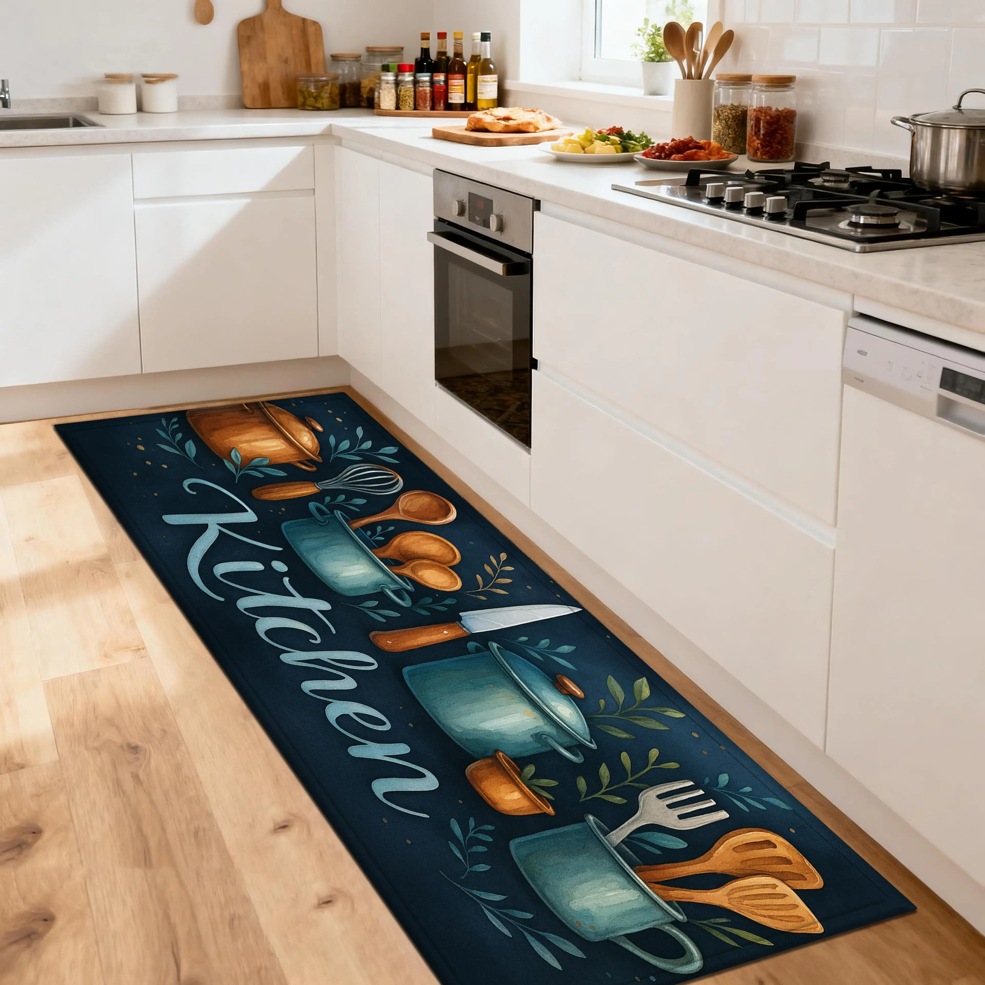 Vintage Kitchen Utensils Print Rug Non-Slip Washable Floor Mat Cookware Pattern for Kitchen Hallway Diatom Mud Water Absorbent