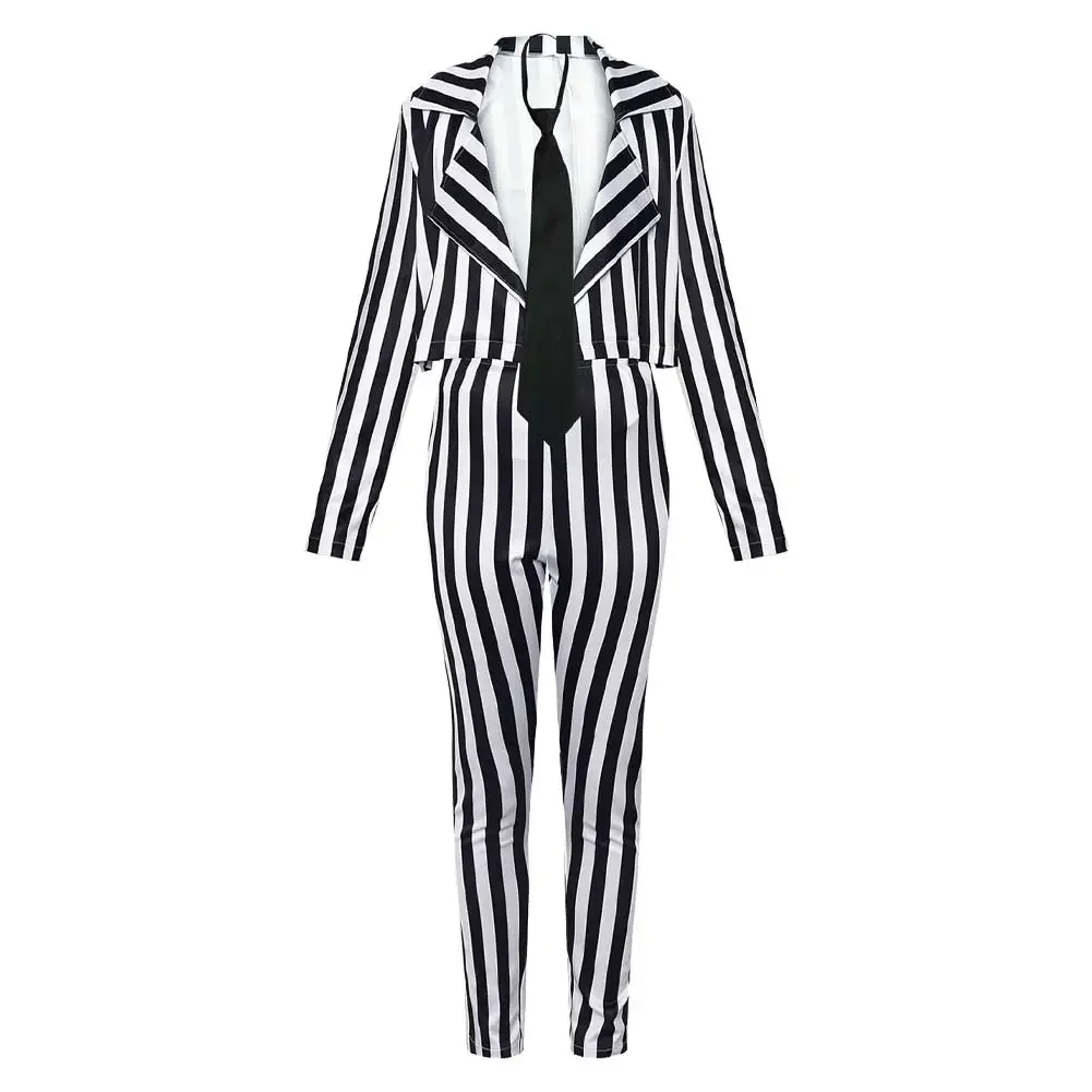 Wholesale Halloween Horror Scray Cosplay Role Play Black White Vertical Stripes Suit Stage Costume Adult Women Fantasy Outfits