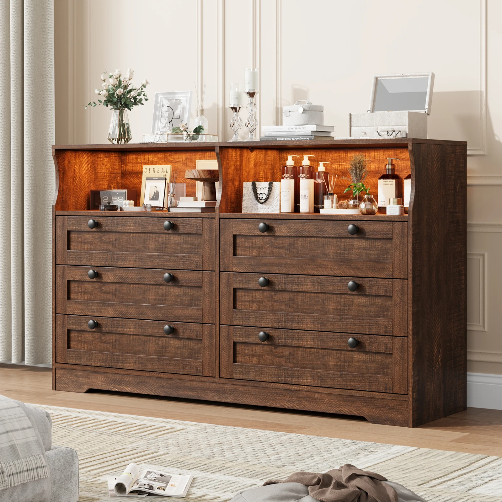 Modern 6 Drawer Dresser with RGB LED Lights & Charging Station – 55