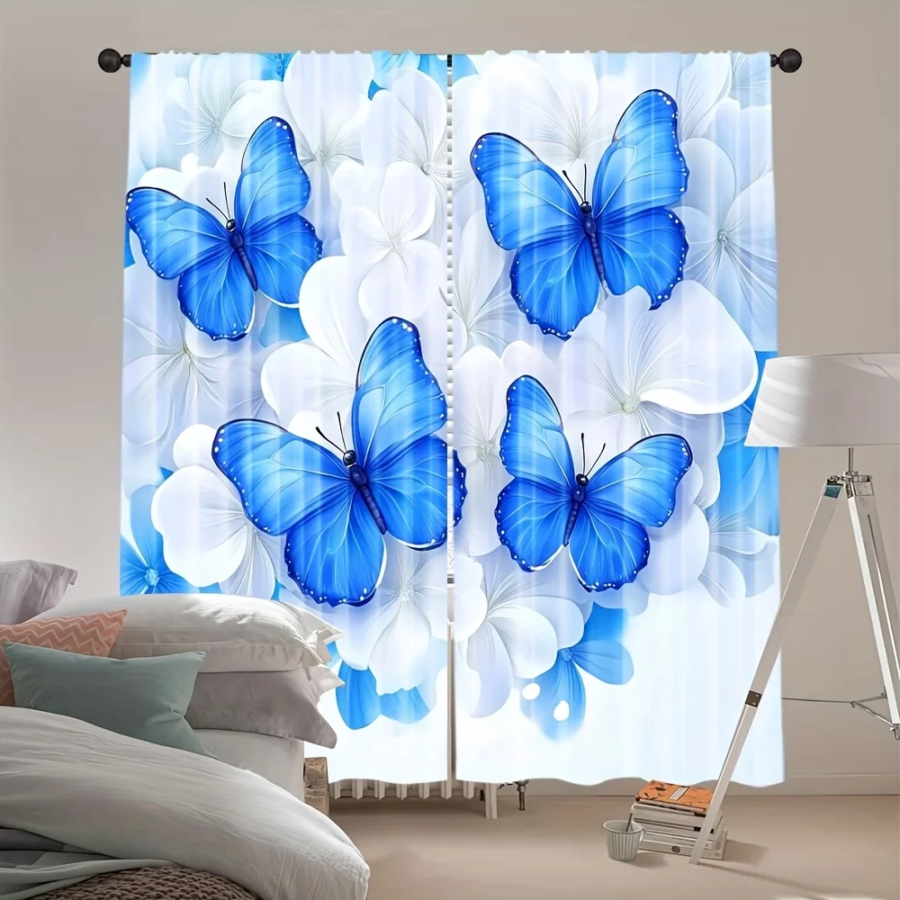 2PCS Digital Printed Curtains, Bright Blue Butterfly Vibrant Insect Nature, Window Drapes for Living Room Bedroom Home Decor