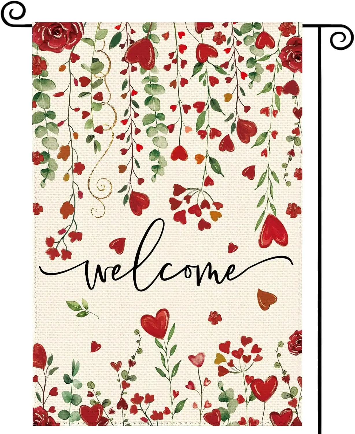 Valentine's Day Red Love Heart Welcome Garden Flag 12 x 18 Inch Double Sided, Rose Floral Burlap Small Yard Flag Anniver XXP SSL