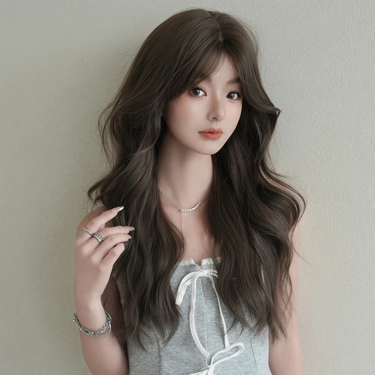 7JHH WIGS Long Body Wave Cool Brown Wig for Women Synthetic Modest Fashion Middle Part Wear and Go Wigs with Curtain Bangs - view 3