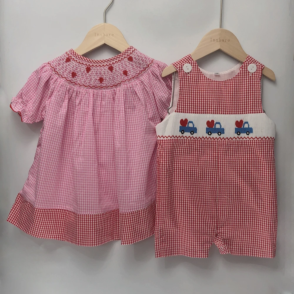 Children Boutique Clothing Summer Girls Short Sleeves Handmade Smoked Dress Pink Skirt Heart-shaped Embroidered Siblings Outfit