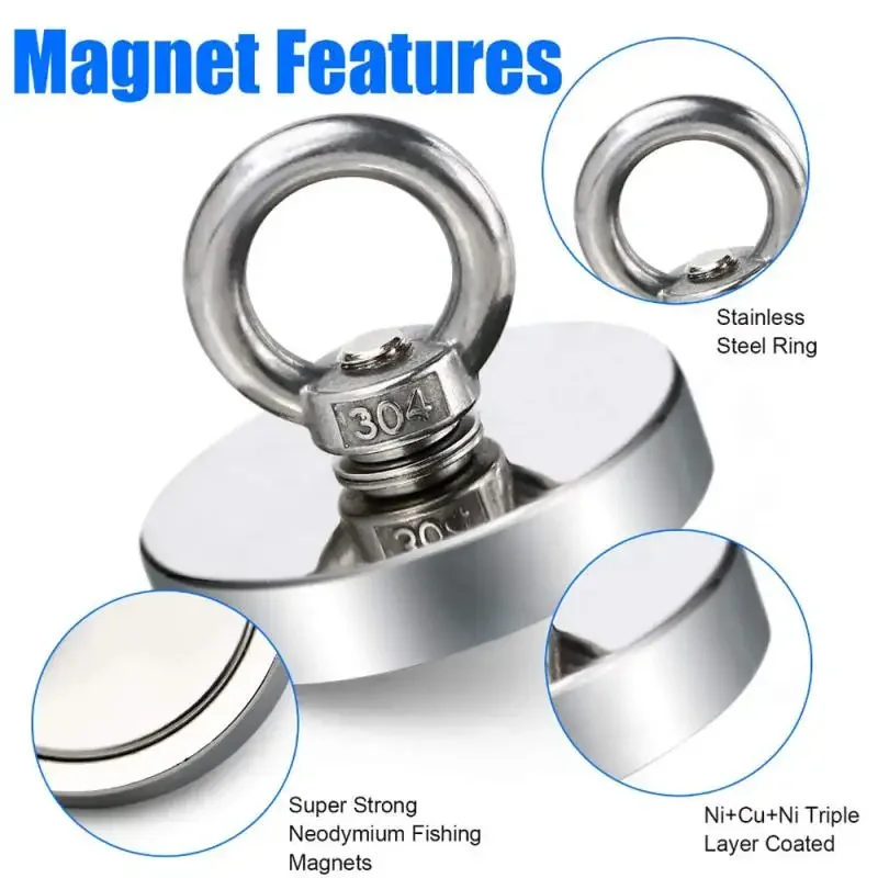 Super Strong Neodymium Fishing Magnet Hooks N52 Heavy Duty Magnet With Countersunk Hole Eyebolt 16-42mm Salvage Searcher Magnets