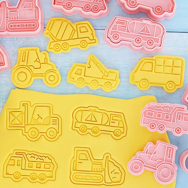 8Pcs/set Engineering Truck Cookie Cutters 3D Cartoon Car Pressable Biscuit Mold Cookie Stamp Kitchen Baking Pastry Bakeware