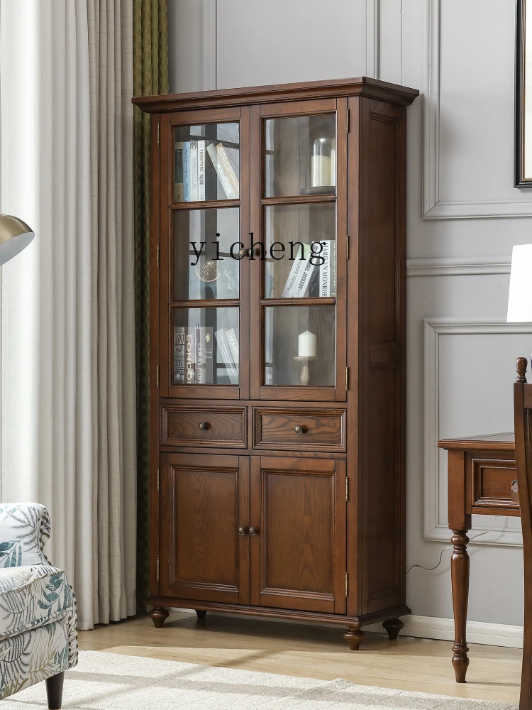 

HXL Solid Wood Bookcase Vintage Bookshelf Glass Display Storage Cabinet