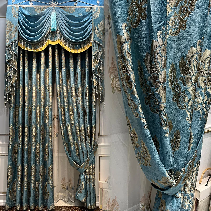 

Custom curtain luxury high-grade European texture Simplicity blue shade thick bedroom blackout curtain tulle valance drape M1553