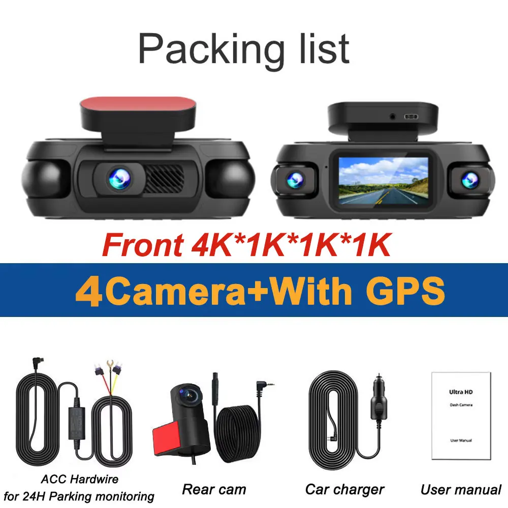 4-kanaals 4K dashcamera voor auto's 360 °   Dashcam 4-lens 1080p Links Rechts Achter Auto DVR Ingebouwde Wifi GPS WDR Nachtzichtcamera