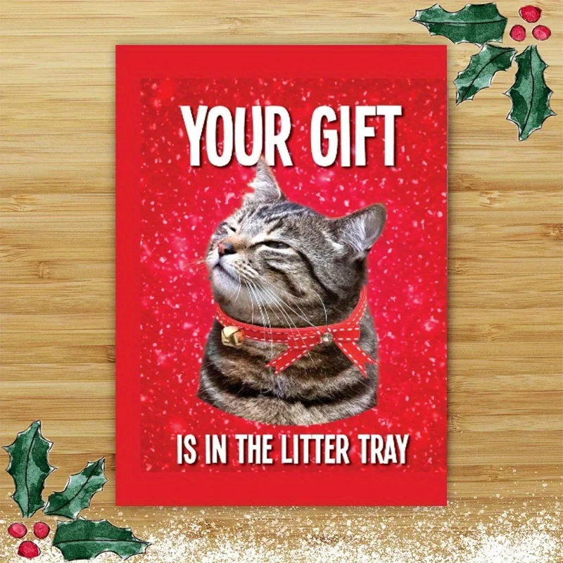 1pc, Happy Christmas Time Card, Merry Christmas Card, December Winter Christmas Greetings Card, Cute Cat Christmas Card