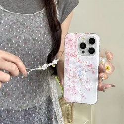 Romantic Pink Cherry Blossom Phone Case For iPhone 16 Pro 15 13 14 Pro Max Cover with Charm Silicone Cute Cases For Apple 15Pro