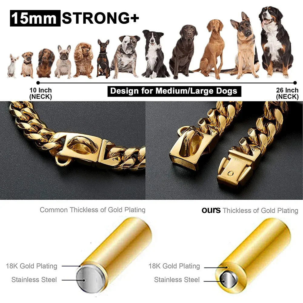 Coleira de cão de aço inoxidável com fivela de segurança, Strong Cuban Link Chain, Training Collar, Colar Dog, Walking Collar, 15mm