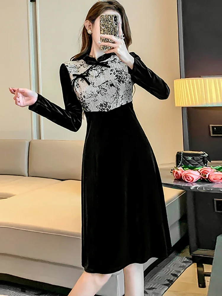 Women Floral Patchowrk Velvet Chic Cheongsam Dress Autumn Winter Black Vintage Hepburn Dress 2024 Korean Elegant Party Vestidos