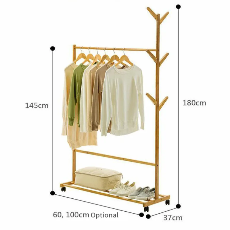 Bedroom Living Room Floor Clothes Rack Solid Wooden Hanging Clothes Rack Clothes Hat Racks