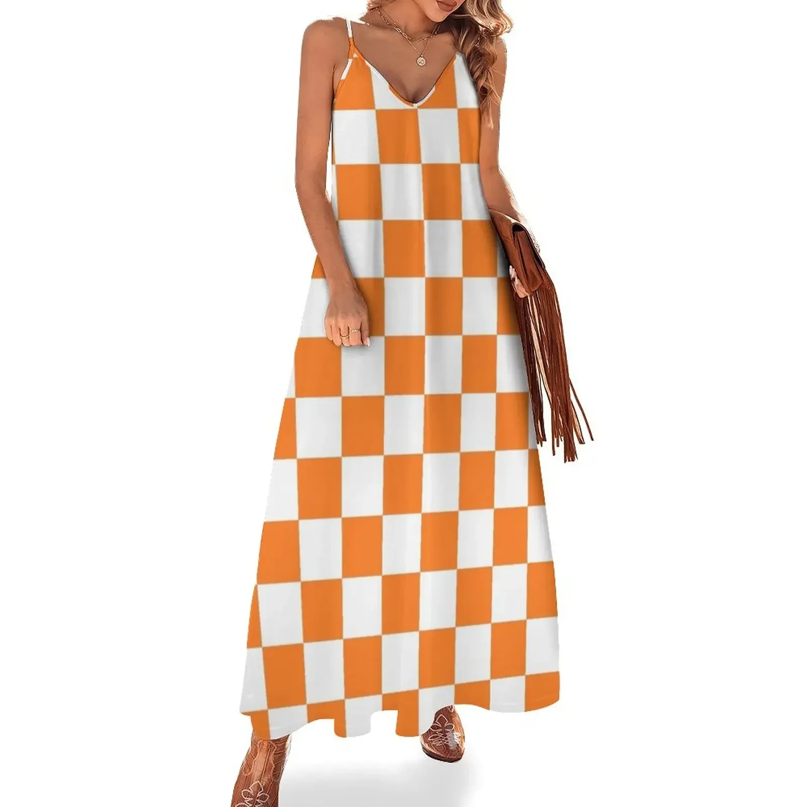 Checkered Orange and White Sleeveless Dress dress women summer dress korean style women long dresses summer women's suit