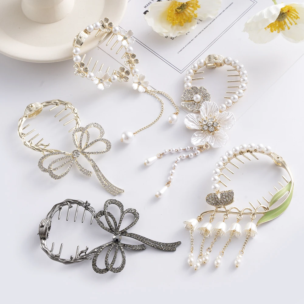 Pearl Rhinestone Hair Claw Clips Bow Flower Tassel Horsetail Buckle Bun Ponytail Holder Hair Clip Women Female Hair Accessories